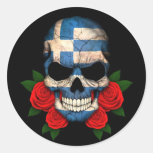 Griechischer Flaggenschädel mit Rote Rosen Runder Aufkleber