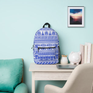 Griechischer Fret, Mittelmeer-Muster, Blau Bedruckter Rucksack