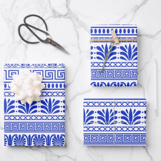 Griechischer Fret, Mittelmeer-Muster, Blau Geschenkpapier Set (Vorderseite)