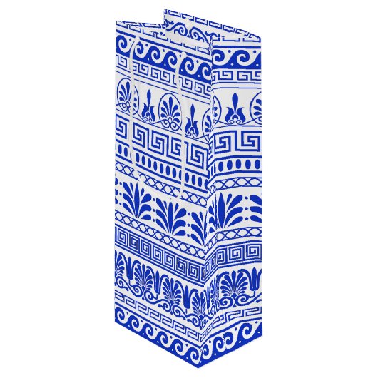 Griechischer Fret, Mittelmeer-Muster, Blau Geschenktüte Für Weinflaschen (Vorderseite Schrägansicht)
