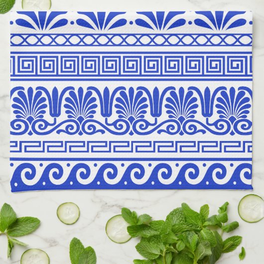 Griechischer Fret, Mittelmeer-Muster, Blau Geschirrtuch (Gefaltet)