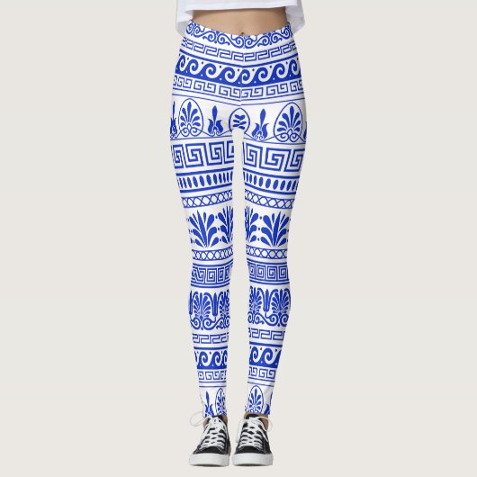 Griechischer Fret, Mittelmeer-Muster, Blau Leggings (Vorderseite)