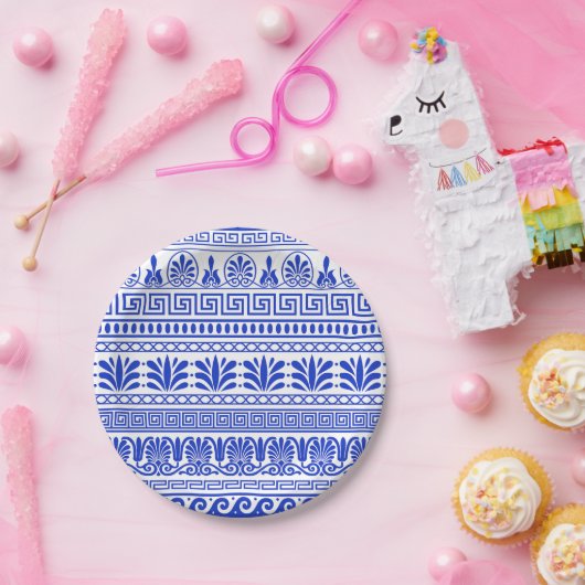 Griechischer Fret, Mittelmeer-Muster, Blau Pappteller (Party)