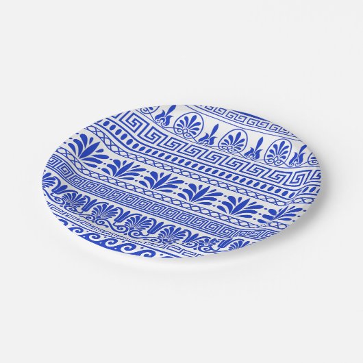 Griechischer Fret, Mittelmeer-Muster, Blau Pappteller (Schrägansicht)