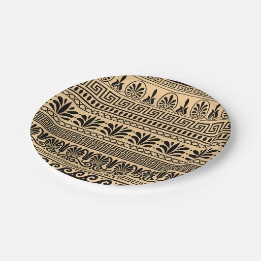 Griechischer Fret, Mittelmeer-Muster, braun Pappteller (Schrägansicht)