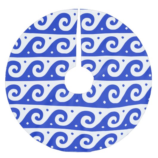 Griechischer Fret, Mittelmeer-Wellenmuster, Blau Polyester Weihnachtsbaumdecke (Vorderseite)