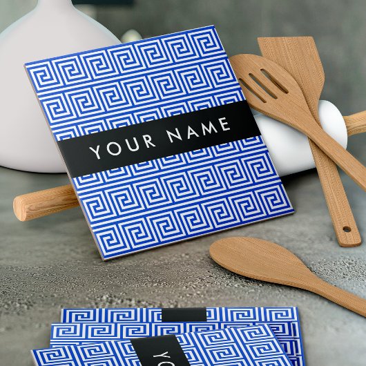 Griechischer Meander Key Blue, Ihr Name, personali Fliese