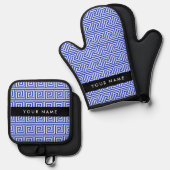 Griechischer Meander Key Blue, Ihr Name, personali Ofenhandschuh & Topflappen-Set (Vorderseite/Rückseite)