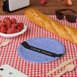 Griechischer Meander Key Blue, Ihr Name, personali Pappteller