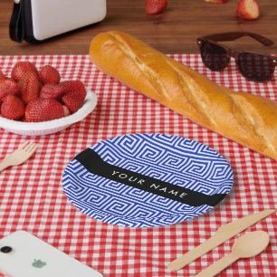 Griechischer Meander Key Blue, Ihr Name, personali Pappteller