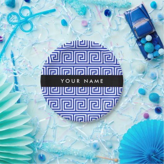 Griechischer Meander Key Blue, Ihr Name, personali Pappteller (Party)