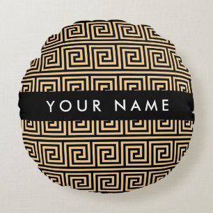 Griechischer Meander Key Brown, Ihr Name, personal Rundes Kissen