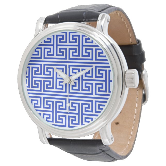 Griechischer Meander Key Square H Pattern Blau Armbanduhr (Schrägansicht)