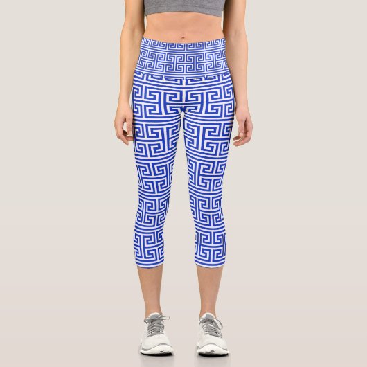 Griechischer Meander Key Square H Pattern Blau Capri Leggings (Vorderseite)