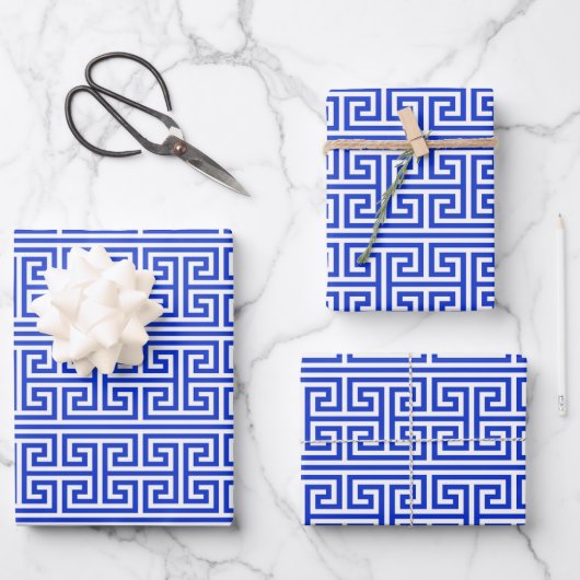 Griechischer Meander Key Square H Pattern Blau Geschenkpapier Set (Vorderseite)
