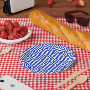 Griechischer Meander Key Square H Pattern Blau Pappteller