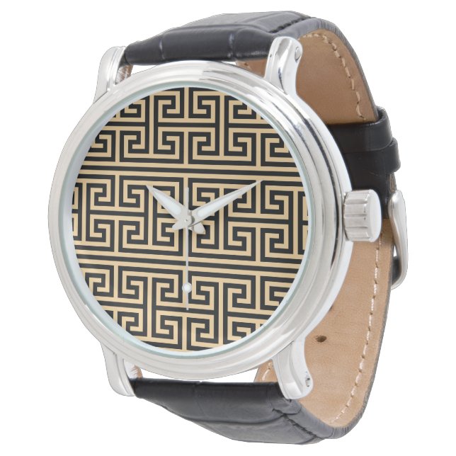 Griechischer Meander Key Square H Pattern Brown Armbanduhr (Schrägansicht)