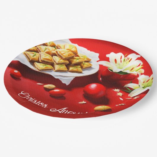 Griechischer Osterbaklava mit Eiern und Lilien lad Pappteller (Schrägansicht)