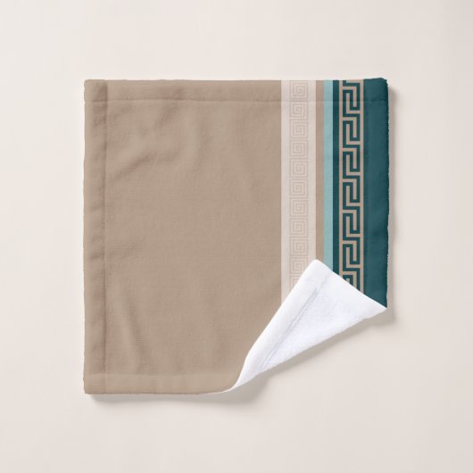 Griechischer Schlüssel - Meander - Taupe und Green Badhandtuch Set (Waschlappen)