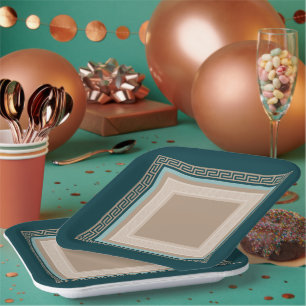 Griechischer Schlüssel - Meander - Taupe und Green Pappteller