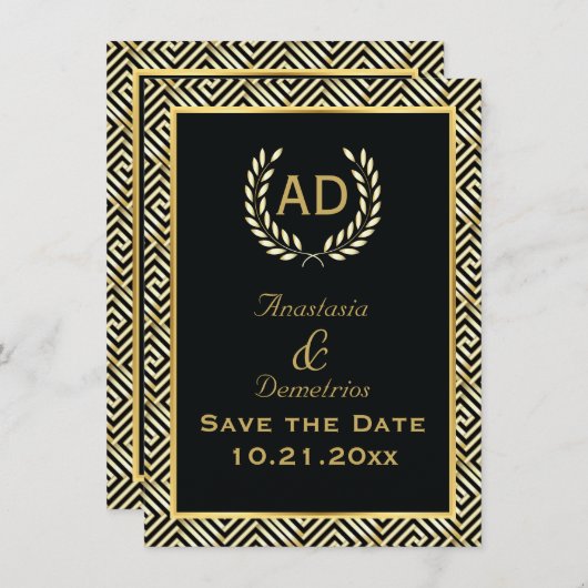 Griechischer Schlüssel und Lorbeerkranz Hochzeit S Save The Date (Vorne/Hinten)
