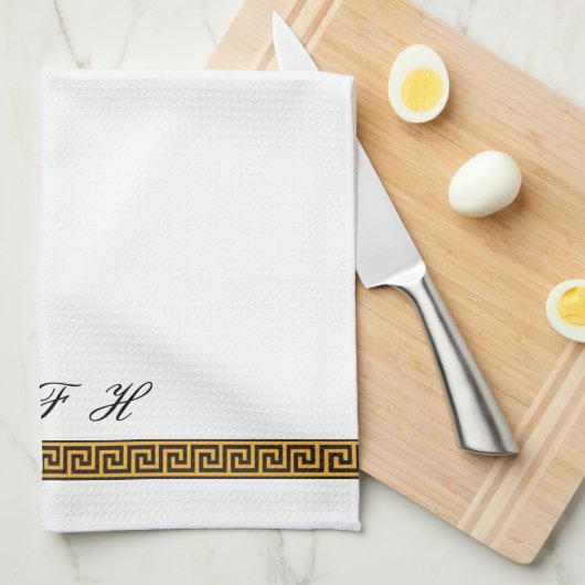 griechischer Schlüssel und Monogramm Geschirrtuch (Viertel Falte)