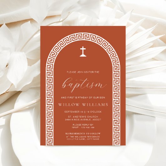 Griechischer Schlüsselbogen Terracotta Taufe Einladung