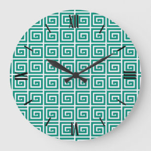 Griechischer Schlüsselentwurf - aquamarin und wei Große Wanduhr
