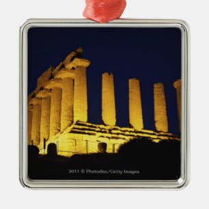 Griechischer Tempel nachts mit Gelbs und Orangen Silbernes Ornament
