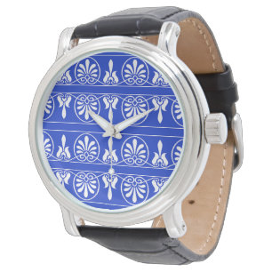 Griechisches Arabesken-Mittelmeer-Muster Blau Armbanduhr