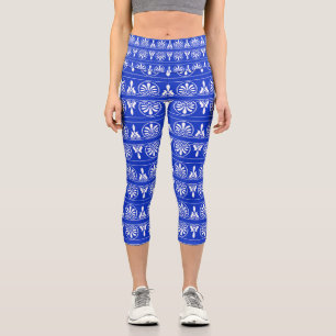 Griechisches Arabesken-Mittelmeer-Muster Blau Capri Leggings