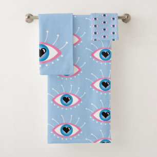 Griechisches böse Auge mit Augenlider rosa Blau Badhandtuch Set