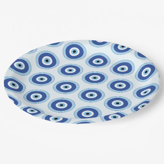 Griechisches böses Auge auf griechischer Ebene Pappteller (Schrägansicht)