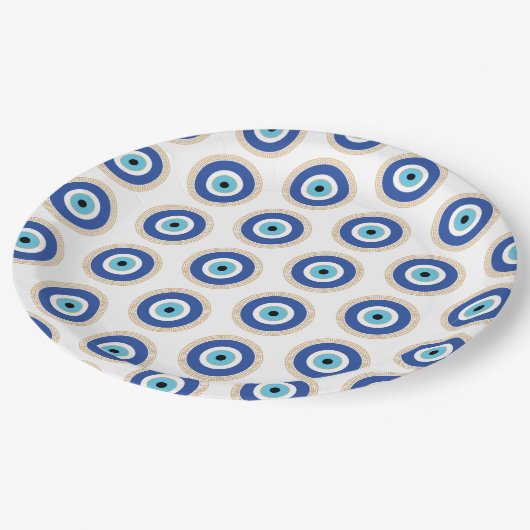 Griechisches böses Auge auf griechischer Ebene Pappteller (Schrägansicht)
