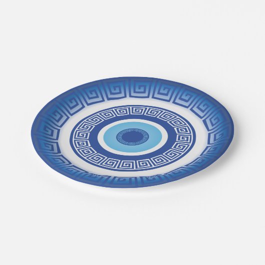 Griechisches böses Auge auf griechischer Ebene Pappteller (Schrägansicht)