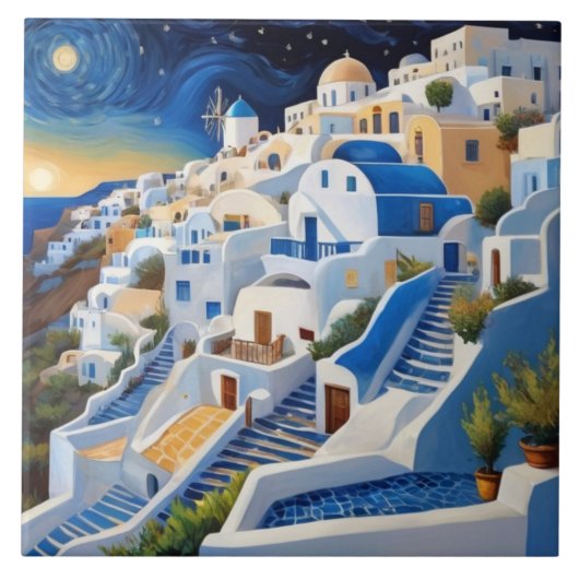 Griechisches Dorf an der Hillside mit Windmühle -  Fliese (Vorderseite)