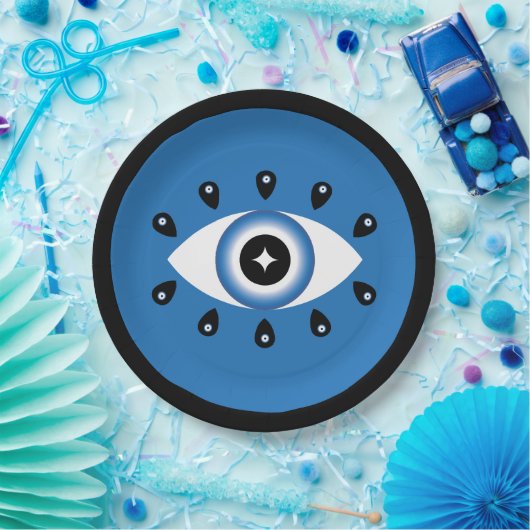 Griechisches Evil Eye Blau Schwarz-weiß Pappteller (Party)