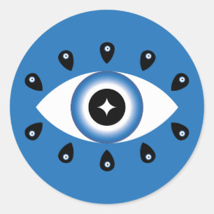 Griechisches Evil Eye Blau Schwarz-weiß Runder Aufkleber