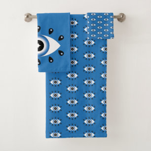 Griechisches Evil Eye Muster Blau Schwarz-weiß Badhandtuch Set