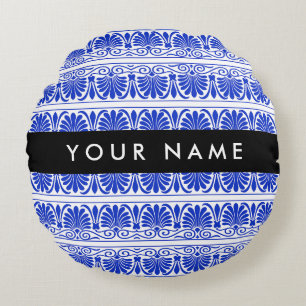 Griechisches Fret Arabeske Blau, Ihr Name, Persona Rundes Kissen