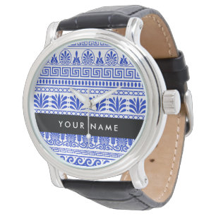 Griechisches Mäander-Schlüssel, Blau, Ihr Name Armbanduhr