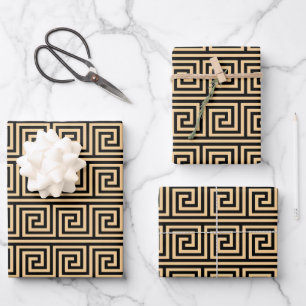 Griechisches Mäander-Schlüssel-Quadrat-Muster Brau Geschenkpapier Set