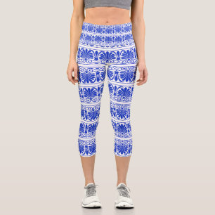 Griechisches Mittelmeer-Arabeskenmuster Blau Capri Leggings
