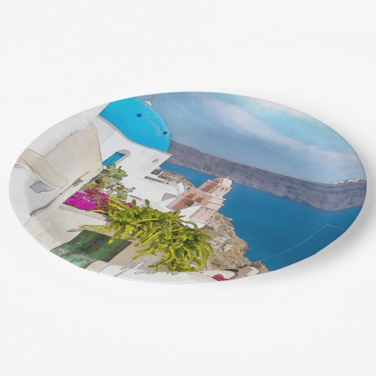 Griechisches Paradies. Aquarellmalerei von Pappteller (Schrägansicht)