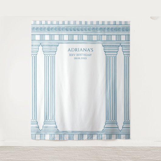 Griechisches Party Hintergrund mit blauem Tempel Wandteppich (Vorderseite)