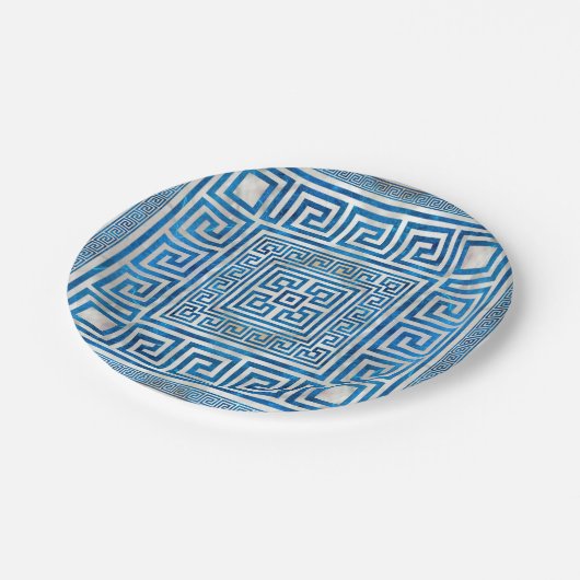 Griechisches Schloss - griechischer Meander - Blau Pappteller (Schrägansicht)