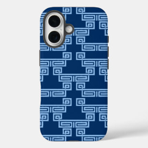 Griechisches Schlüssel-Mäander-Tier in Blau-Indigo iPhone 16 Hülle