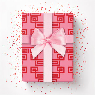 Griechisches Schlüssel-Mäander-Tier in Rosa und Ro Geschenkpapier