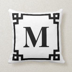 Griechisches Schlüsselgrenzschwarzweiss-monogramm Kissen