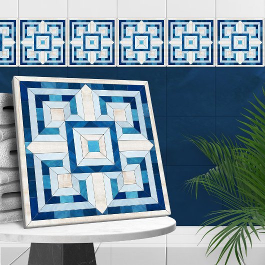 Griechisches Schlüsselmosaik - Travertin und Blaue Fliese